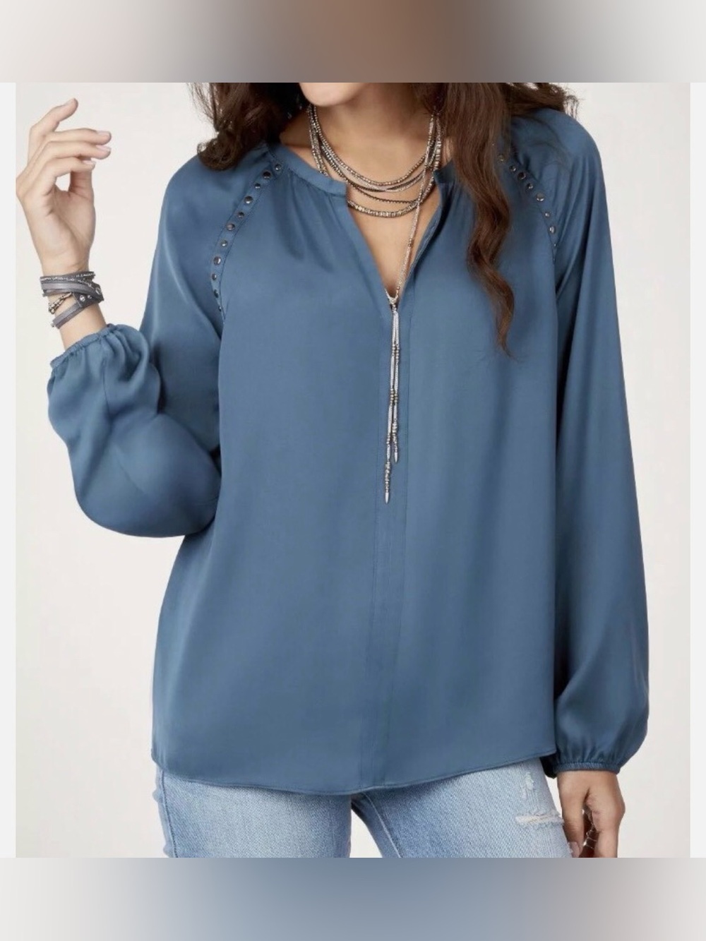 Maette Stella & Dot Slate Blue Long-Sleeve V-Neck Stud Detail Blouse Size S